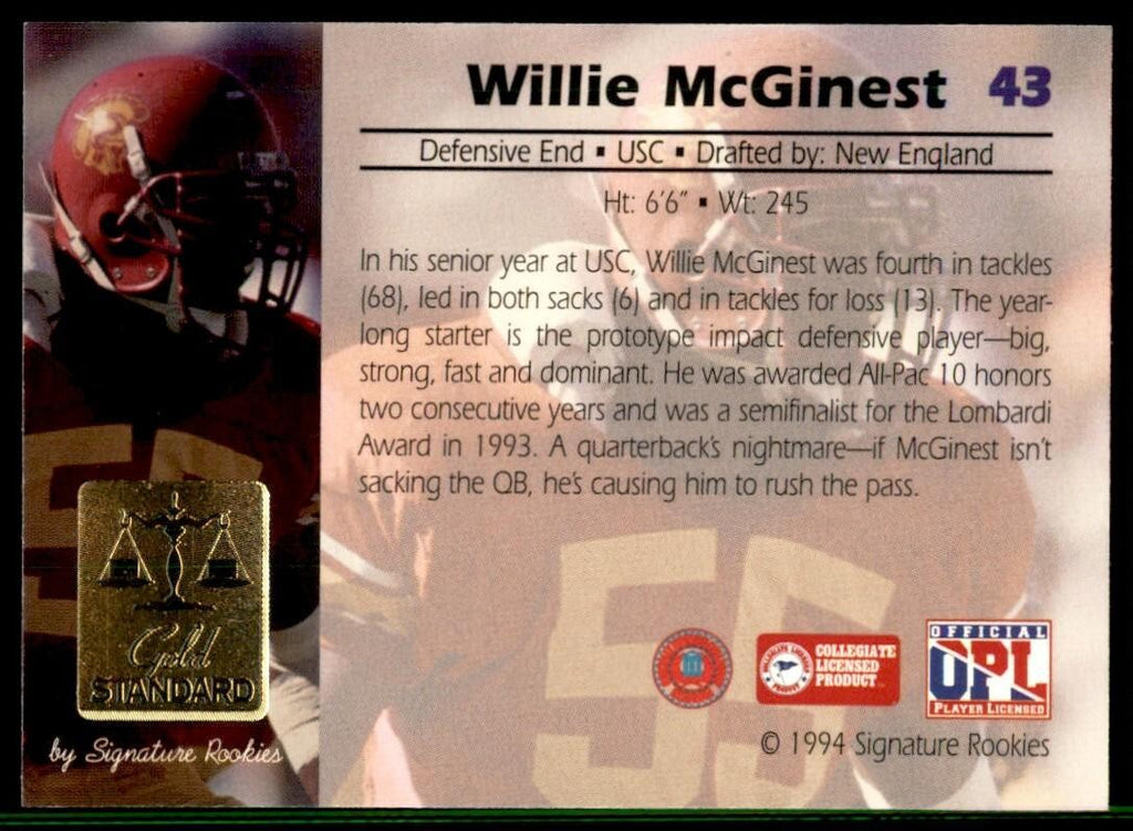 1994 Signature Rookies Willie Mcginest Football Cards #43