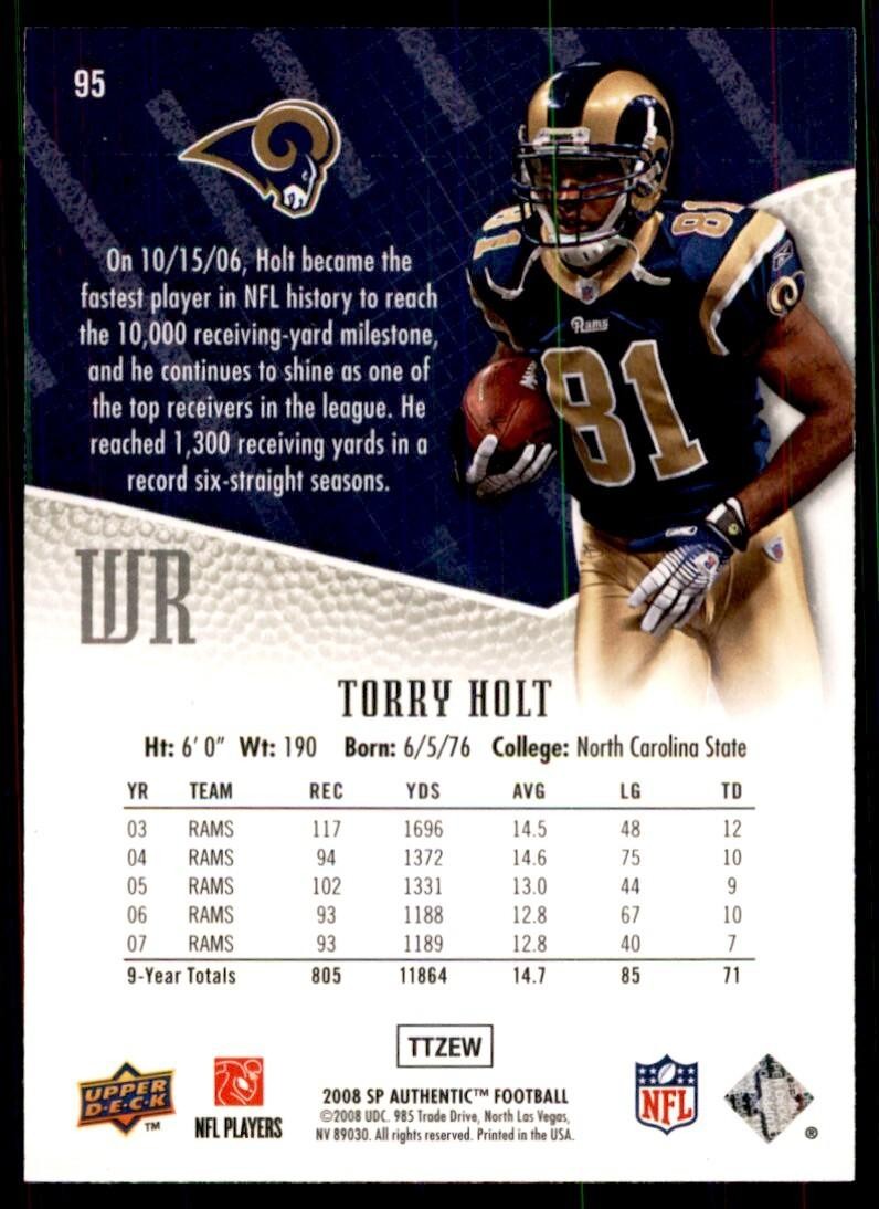 2008 SP Authentic Football Card Torry Holt St. Louis Rams #95