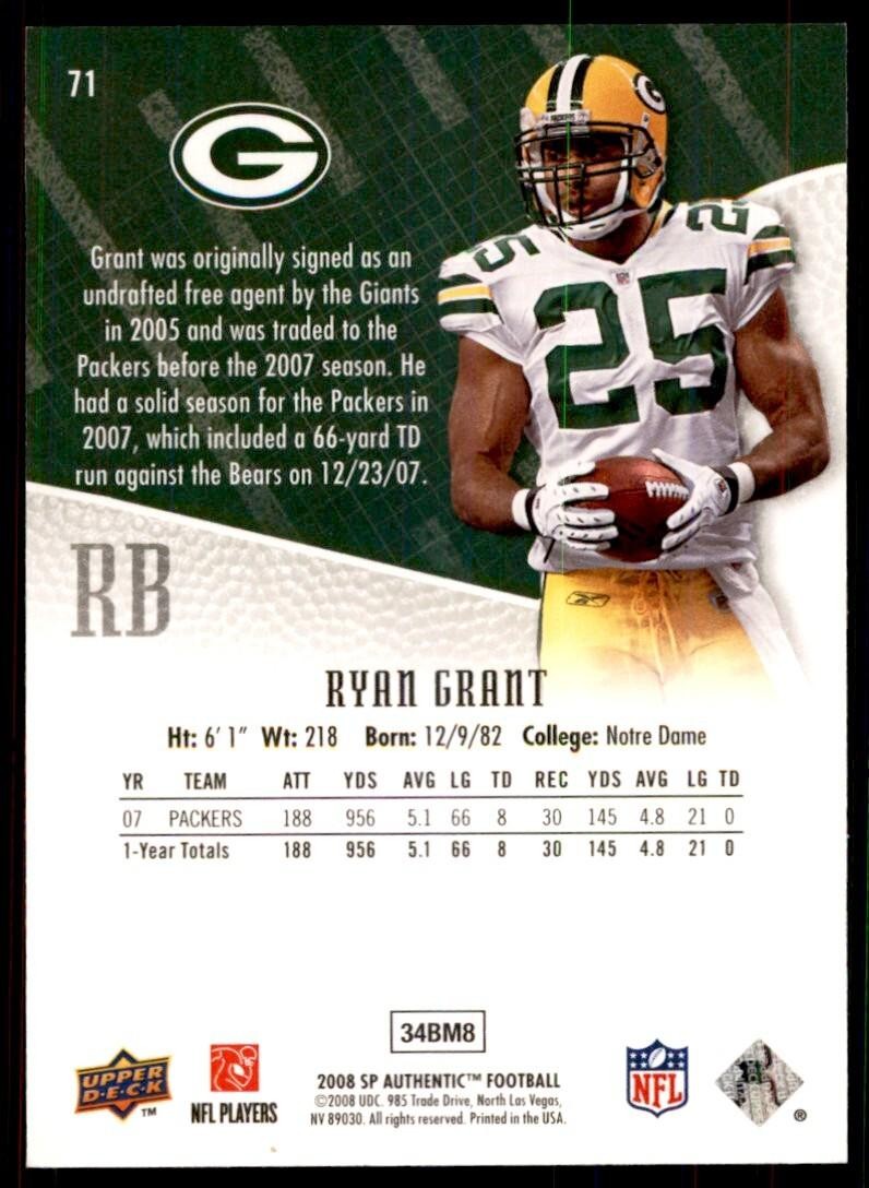 2008 SP Authentic Football Card Ryan Grant Green Bay Packers #71