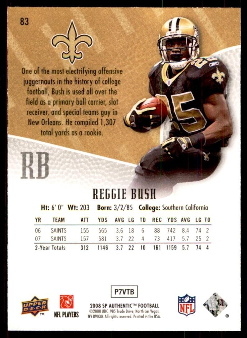 2008 SP Authentic Football Card Reggie Bush New Orleans Saints #83