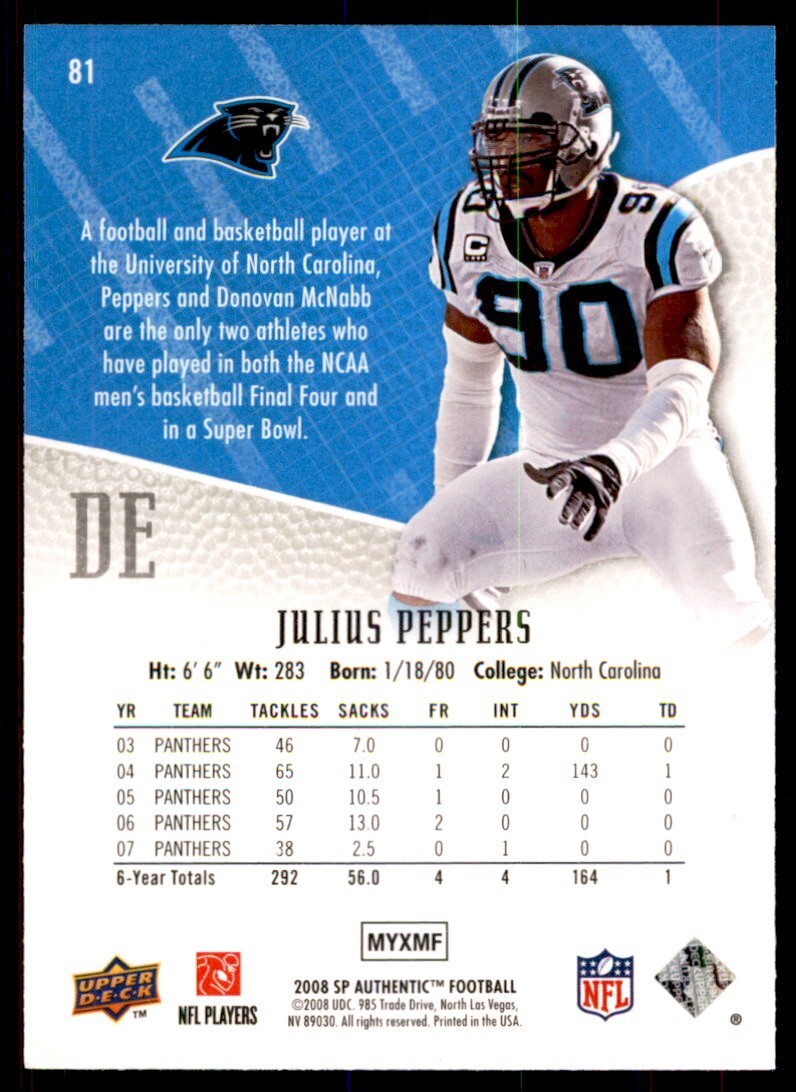 2008 SP Authentic Football Card Julius Peppers Carolina Panthers #81