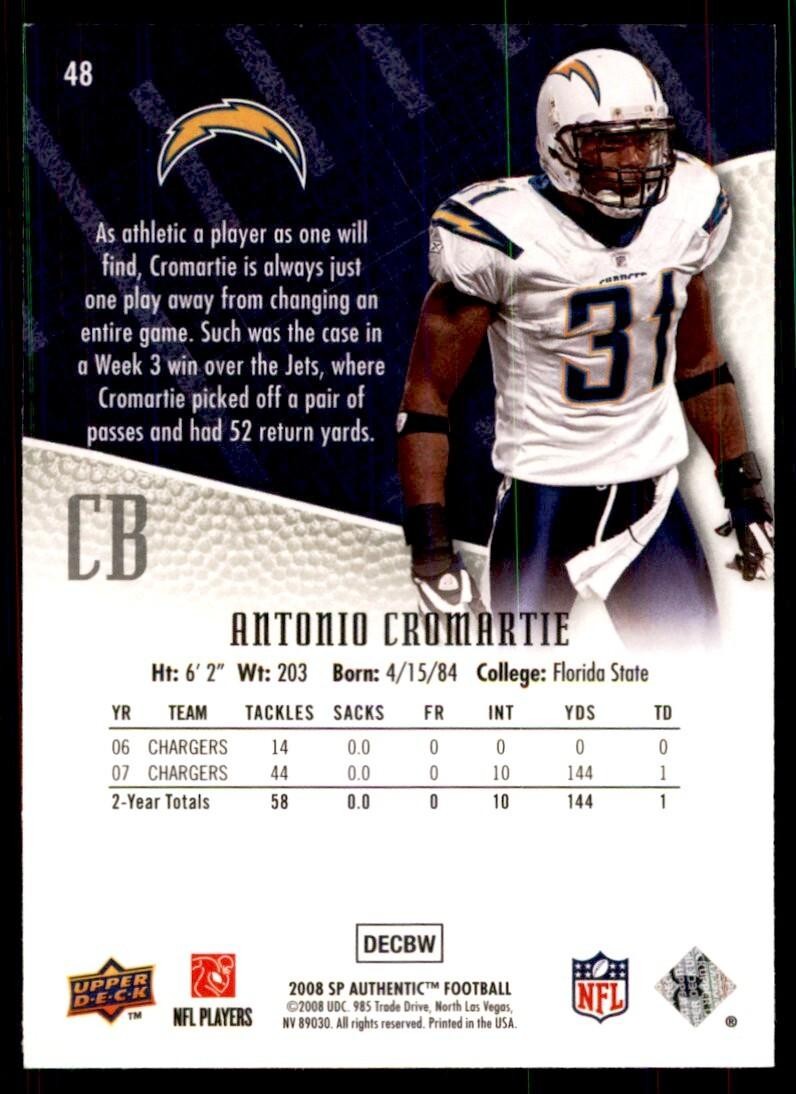 2008 SP Authentic Football Card Antonio Cromartie San Diego Chargers #48