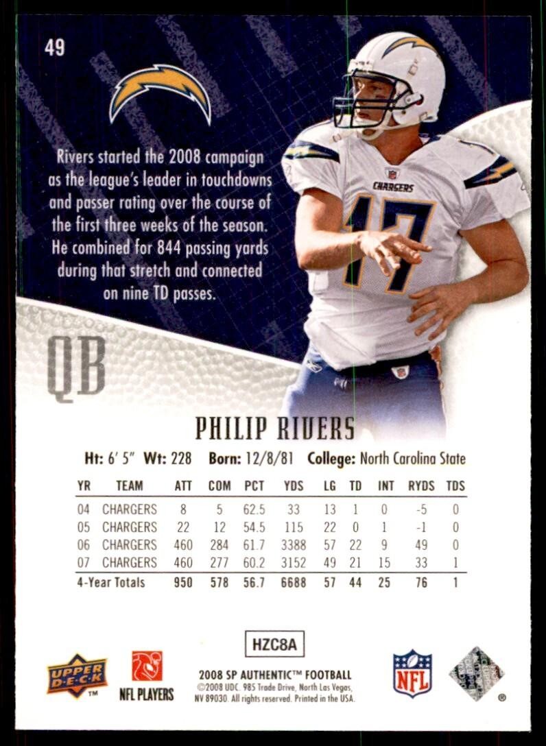 2008 SP Authentic Football Card Philip Rivers San Diego Chargers #49