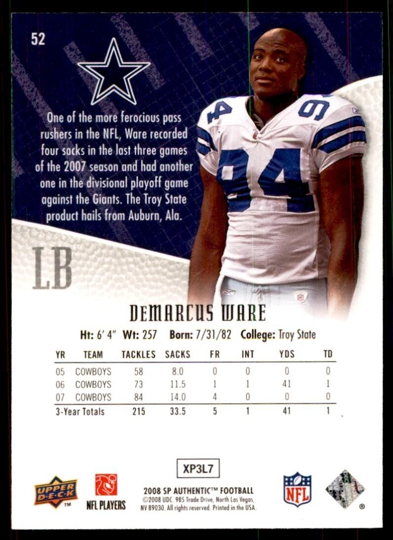 2008 SP Authentic Football Card DeMarcus Ware Dallas Cowboys #52