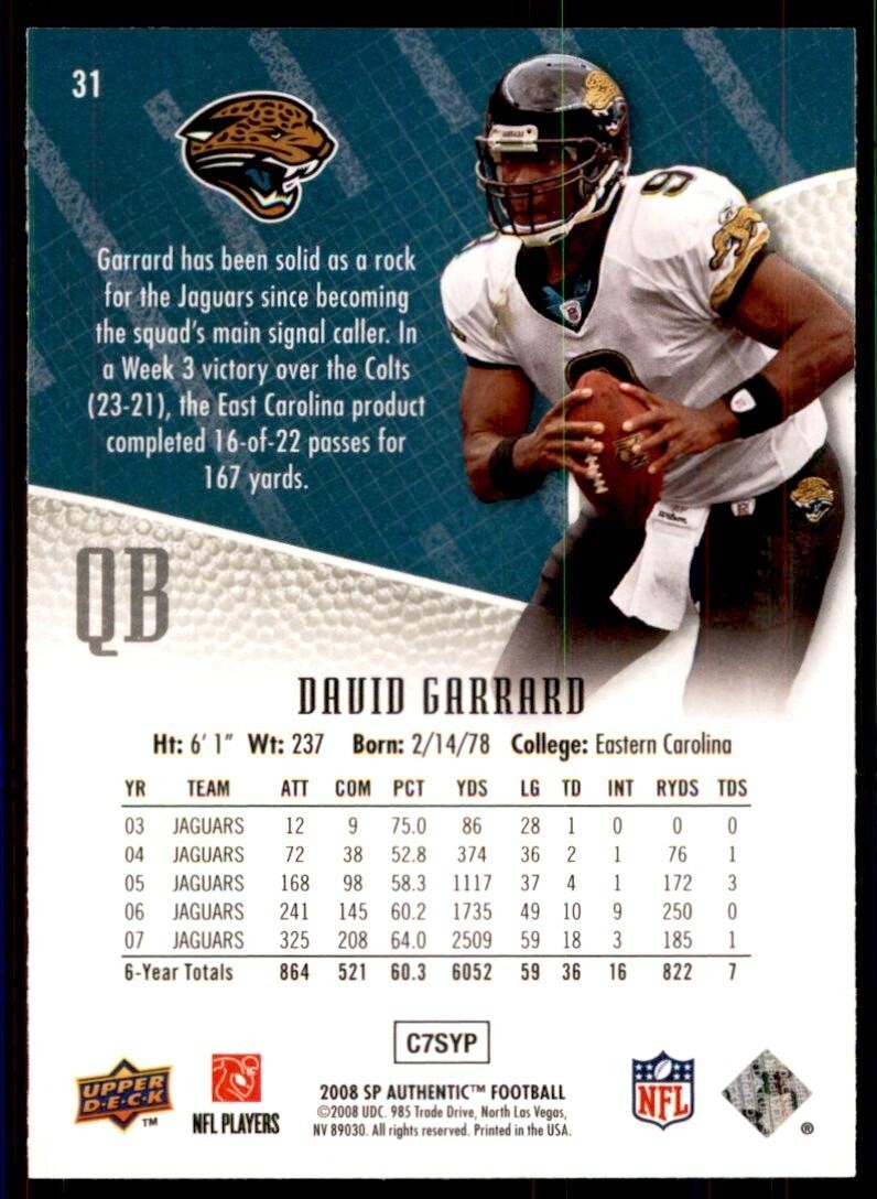 2008 SP Authentic Football Card David Garrard Jacksonville Jaguars #31