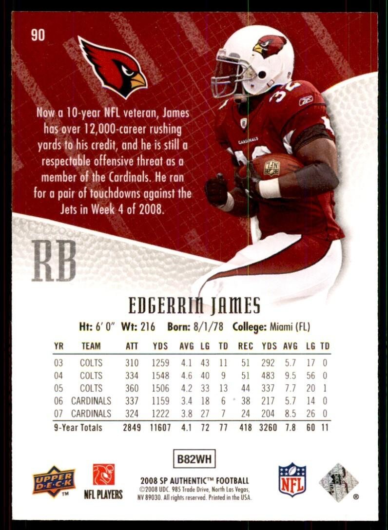 2008 SP Authentic Football Card Edgerrin James Arizona Cardinals #90