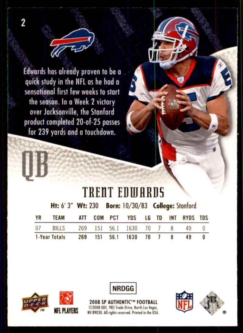 2008 SP Authentic Football Card Trent Edwards Buffalo Bills #2