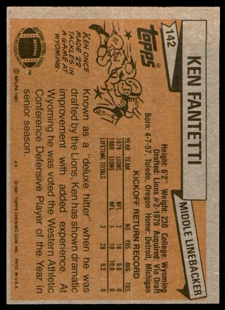 1981 *TOPPS KEN FANTETTI DETROIT LIONS #142