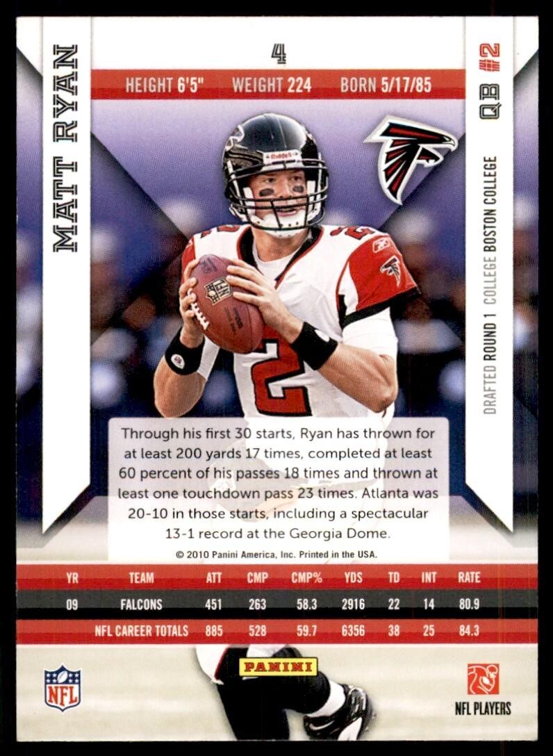 2010 Panini Epix Football Card Matt Ryan Atlanta Falcons #4