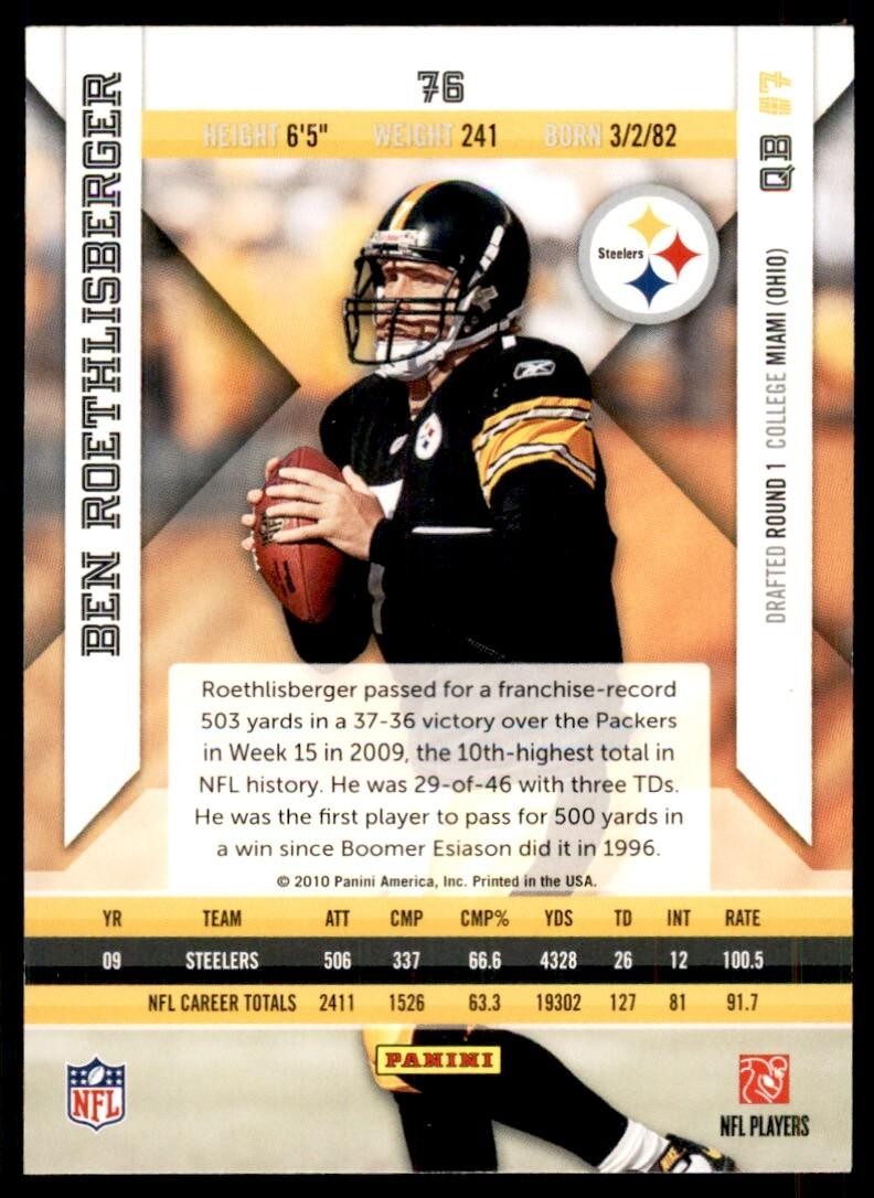 2010 Panini Epix Football Card Ben Roethlisberger Pittsburgh Steelers #76