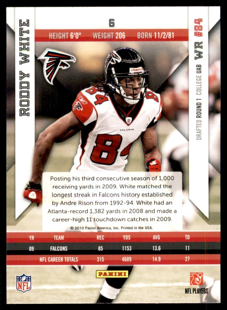 2010 Panini Epix Football Card Roddy White Atlanta Falcons #6