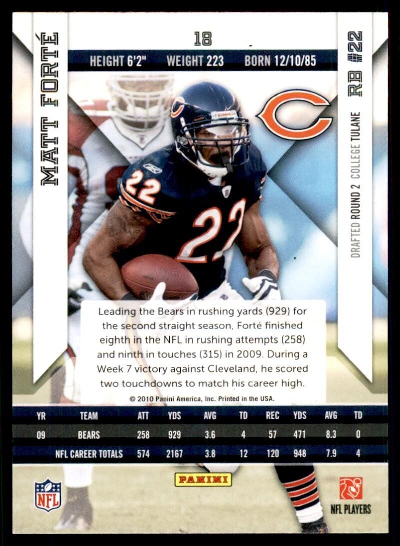 2010 Panini Epix Football Card Matt Forte Chicago Bears #18