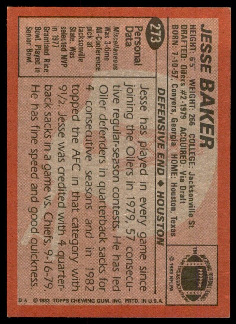 1983 TOPPS JESSE BAKER HOUSTON OILERS. #273