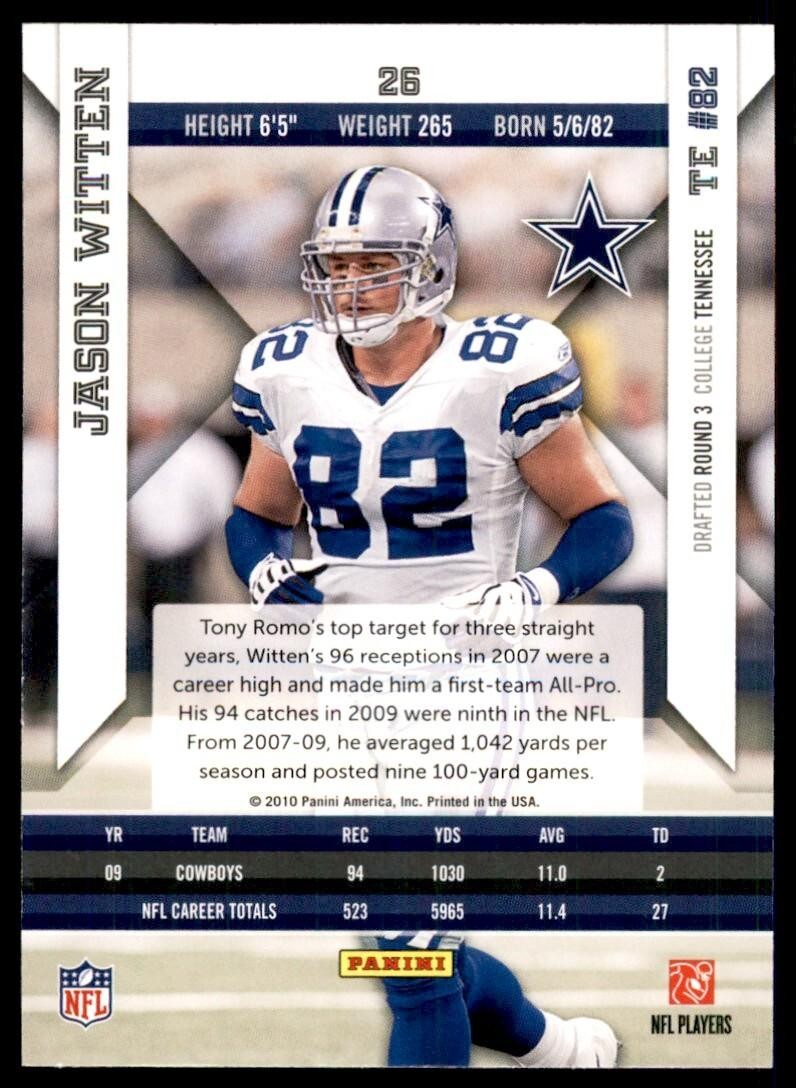 2010 Panini Epix Football Card Jason Witten Dallas Cowboys #26