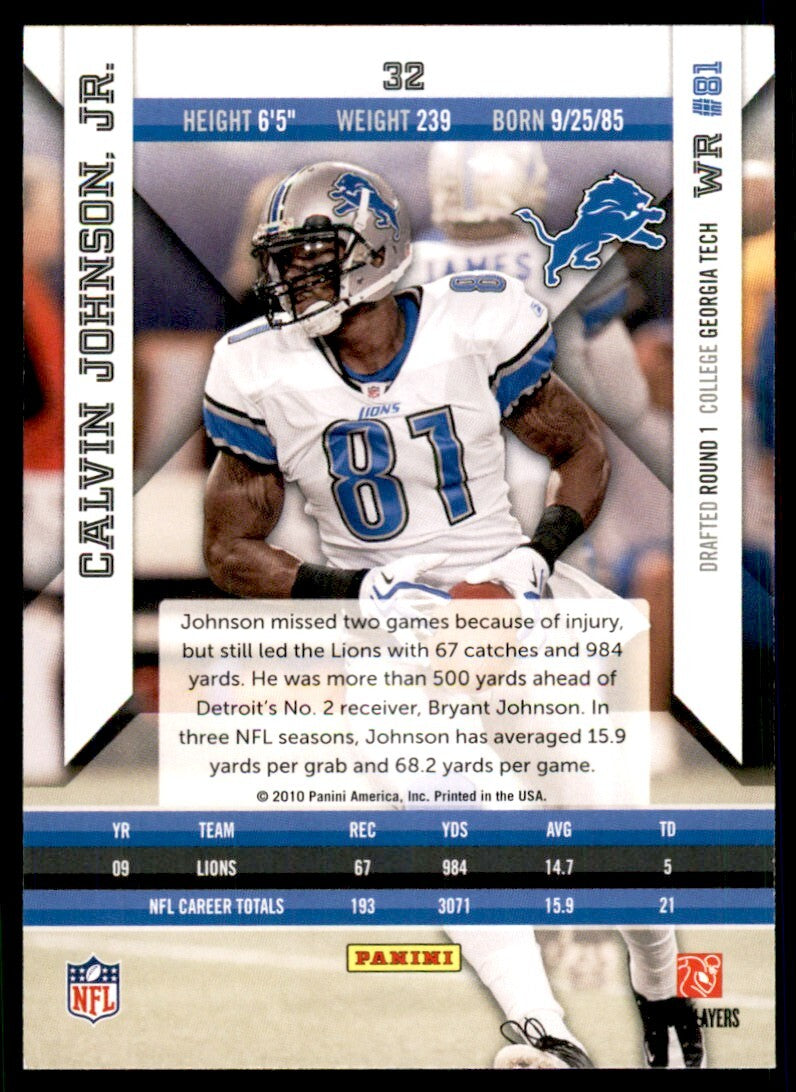 2010 Panini Epix Football Card Calvin Johnson, Jr. Detroit Lions #32