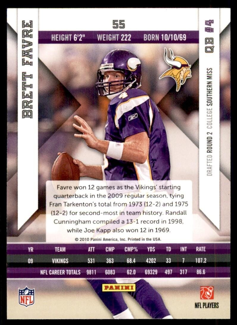 2010 Panini Epix Football Card Brett Favre Minnesota Vikings #55
