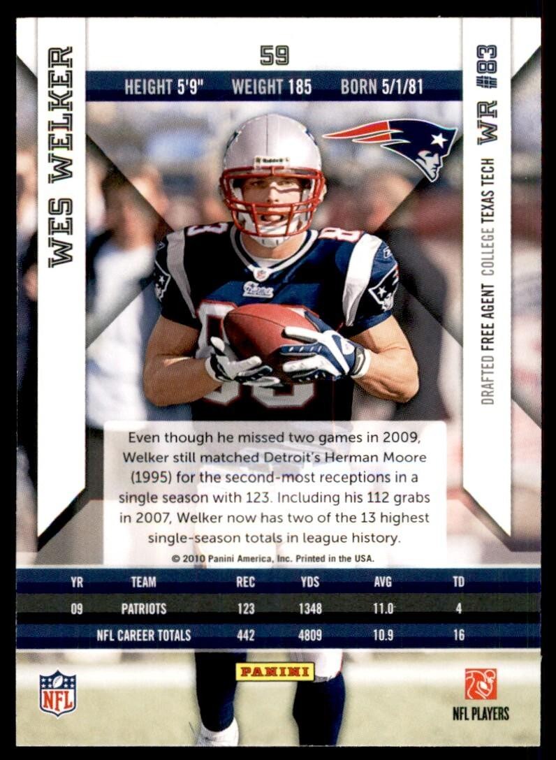 2010 Panini Epix Football Card Wes Welker New England Patriots #59