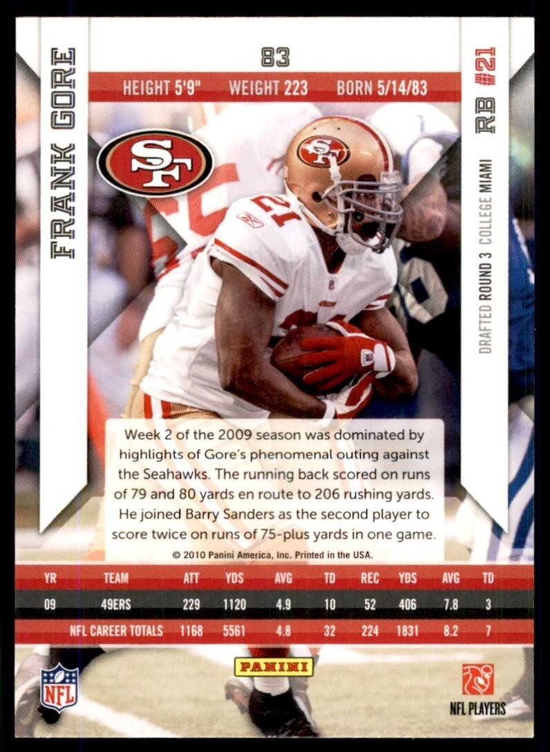 2010 Panini Epix Football Card Frank Gore San Francisco 49ers #83
