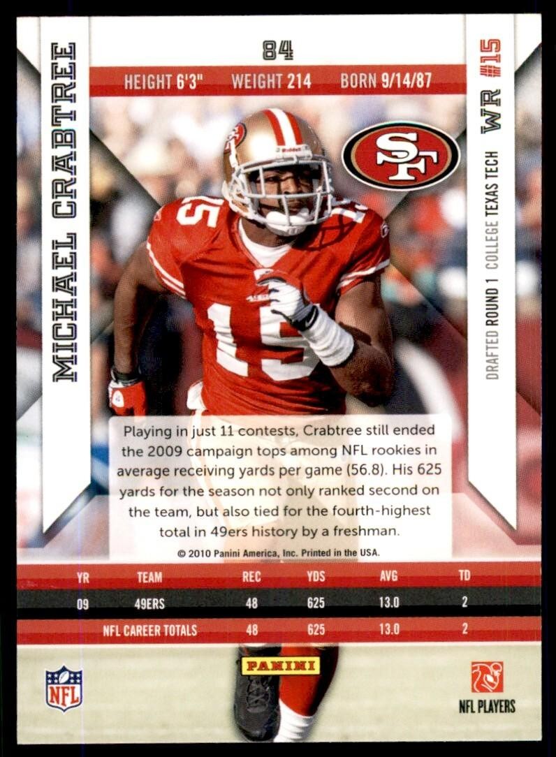 2010 Panini Epix Football Card Michael Crabtree San Francisco 49ers #84