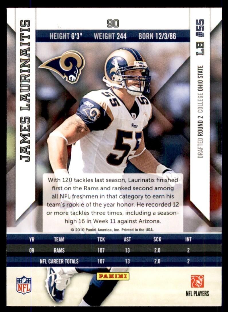 2010 Panini Epix Football Card James Laurinaitis St. Louis Rams #90