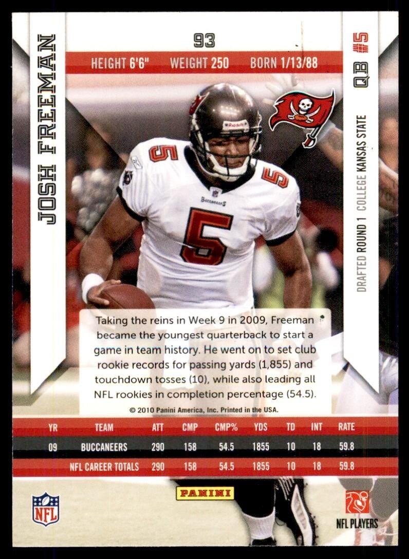 2010 Panini Epix Football Card Josh Freeman Tampa Bay Buccaneers #93