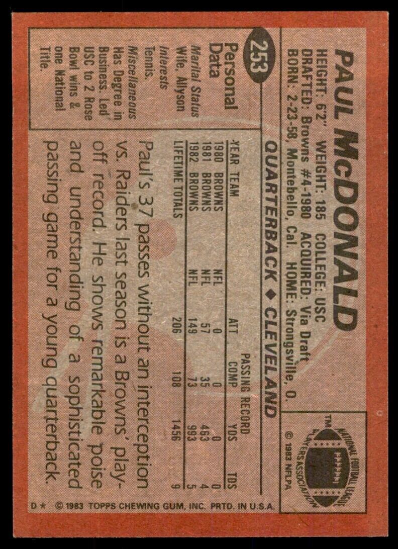 1983 TOPPS PAUL MCDONALD CLEVELAND BROWNS #253