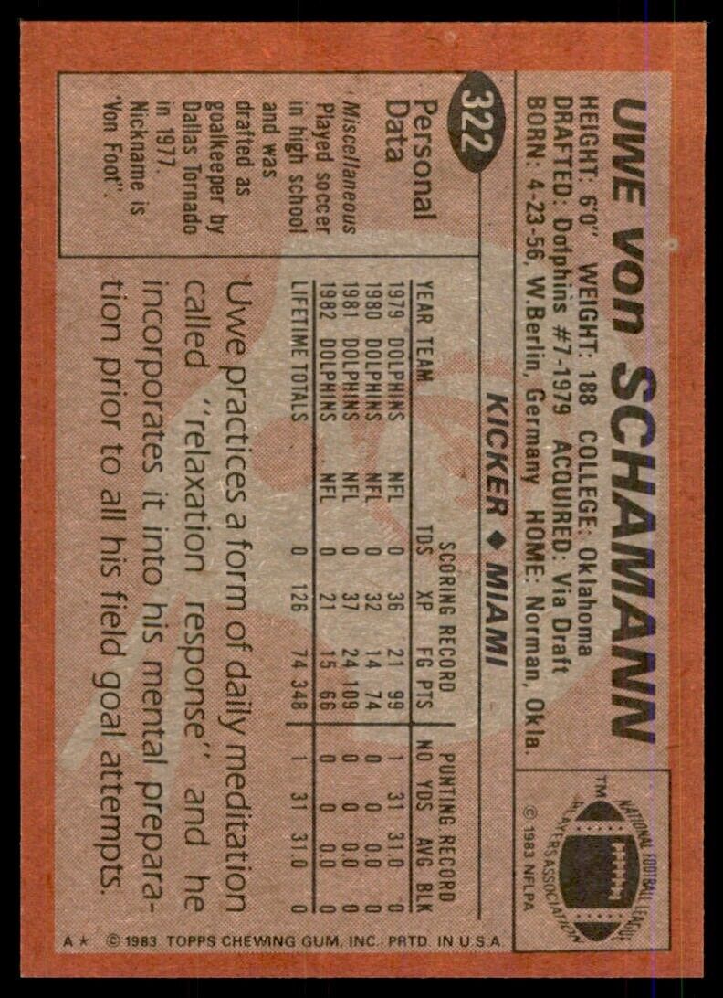1983 TOPPS^ UWE VON SCHAMANN. MIAMI DOLPHINS #322