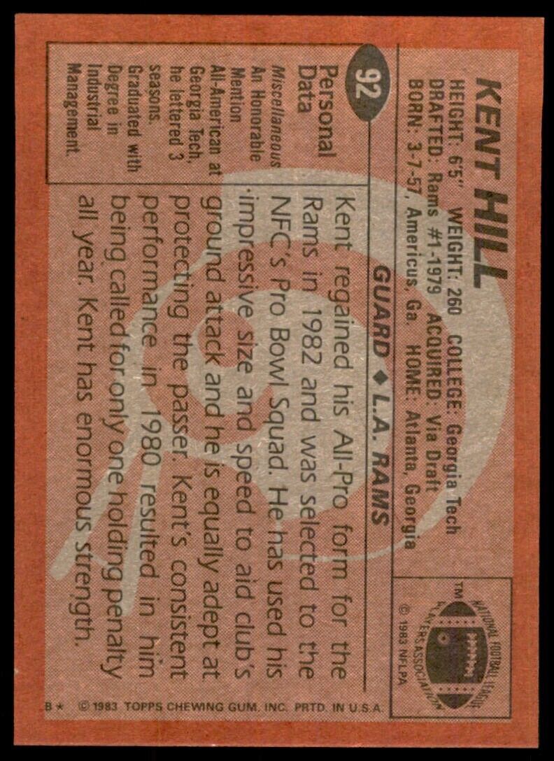 1983 TOPPS^ KENT HILL LOS ANGELES RAMS #92