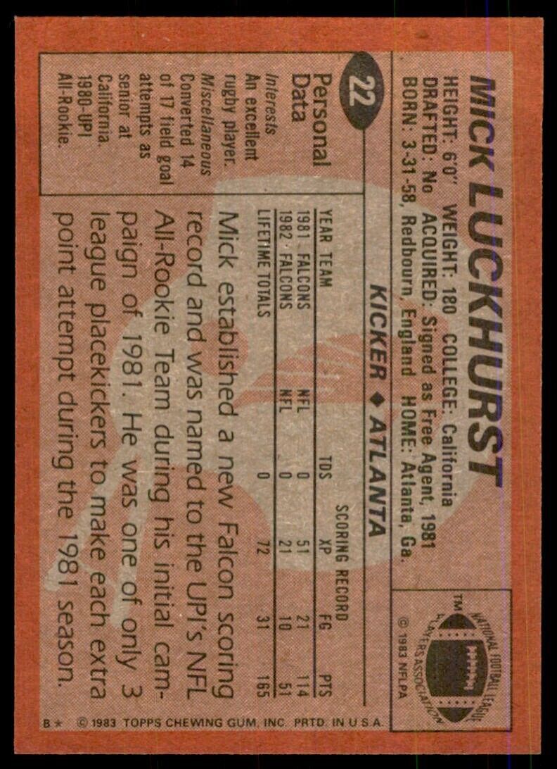 1983 TOPPS^ MICK LUCKHURST ATLANTA FALCONS #22