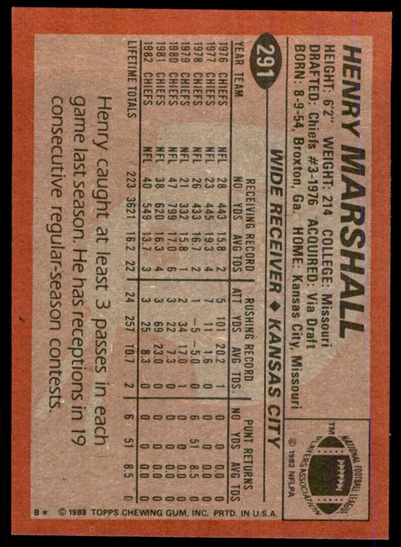 1983 TOPPS^ HENRY MARSHALL KANSAS CITY CHIEFS #291