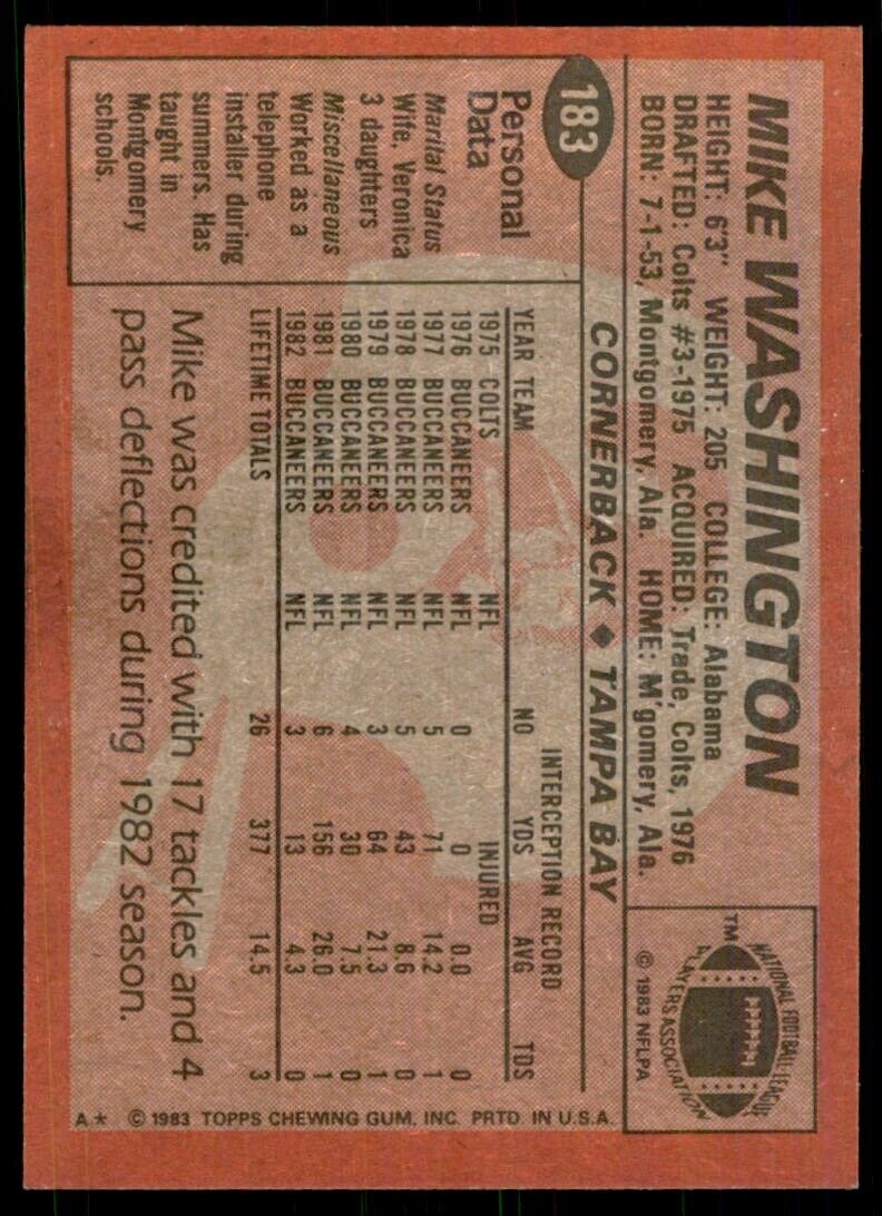 1983 TOPPS+ MIKE WASHINGTON* TAMPA BAY BUCCANEERS #183