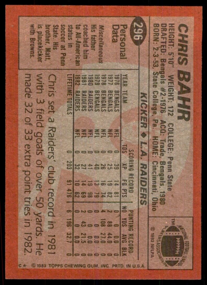 1983 TOPPS/ CHRIS BAHR: LOS ANGELES RAIDERS #296