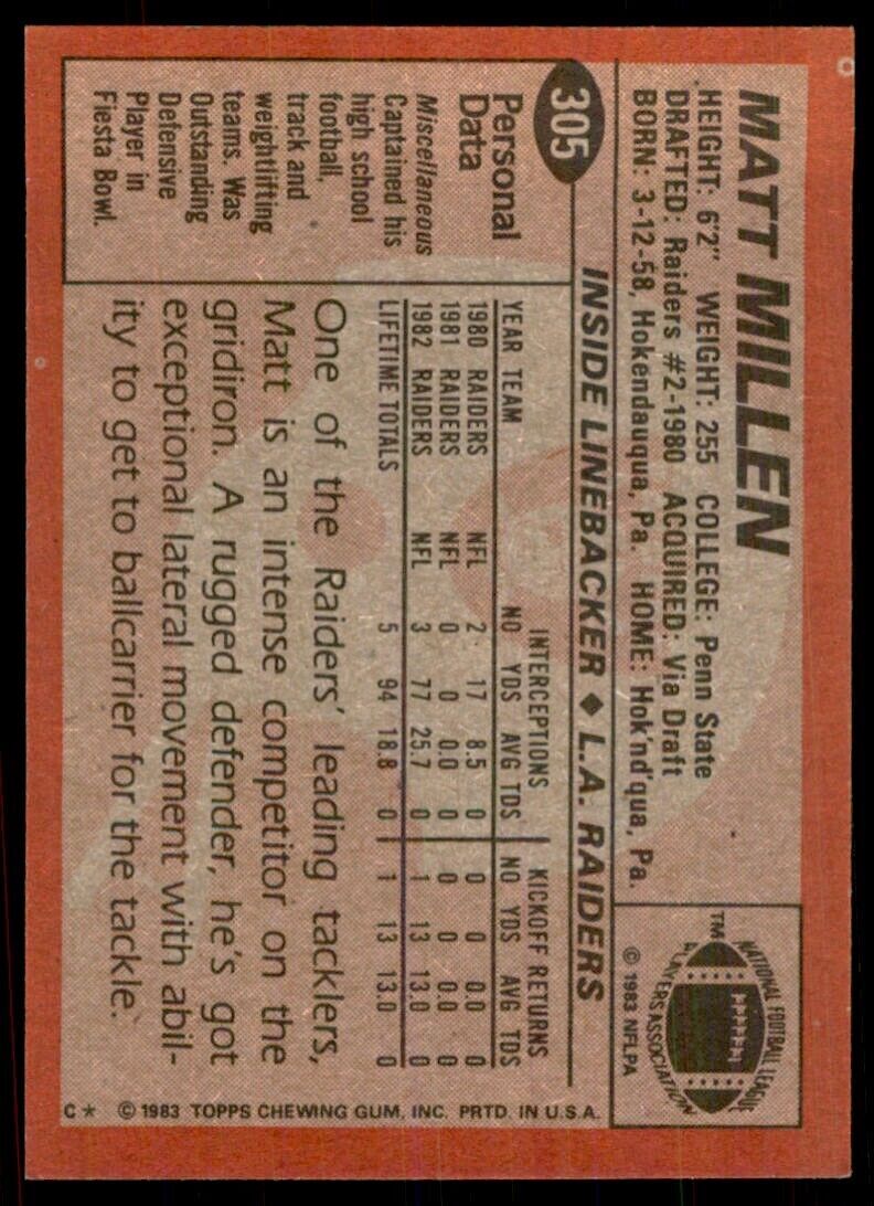 1983 TOPPS/ MATT MILLEN* LOS ANGELES RAIDERS #305