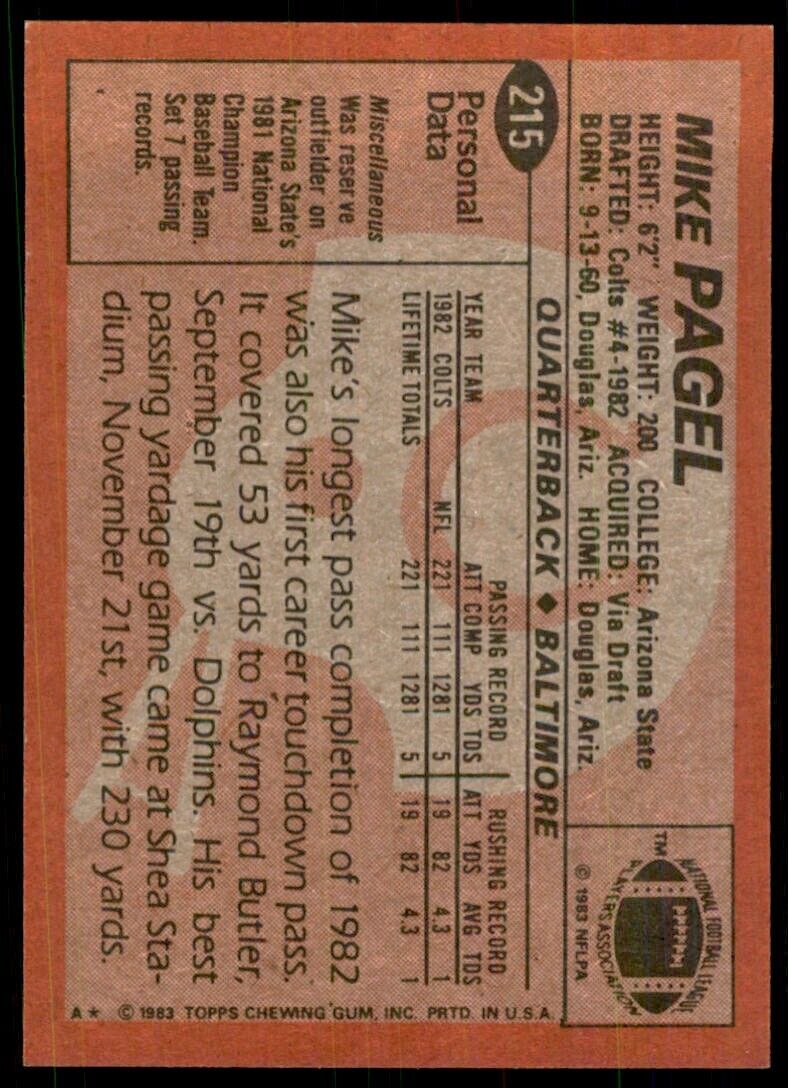 1983 TOPPS/ MIKE PAGEL* BALTIMORE COLTS #215