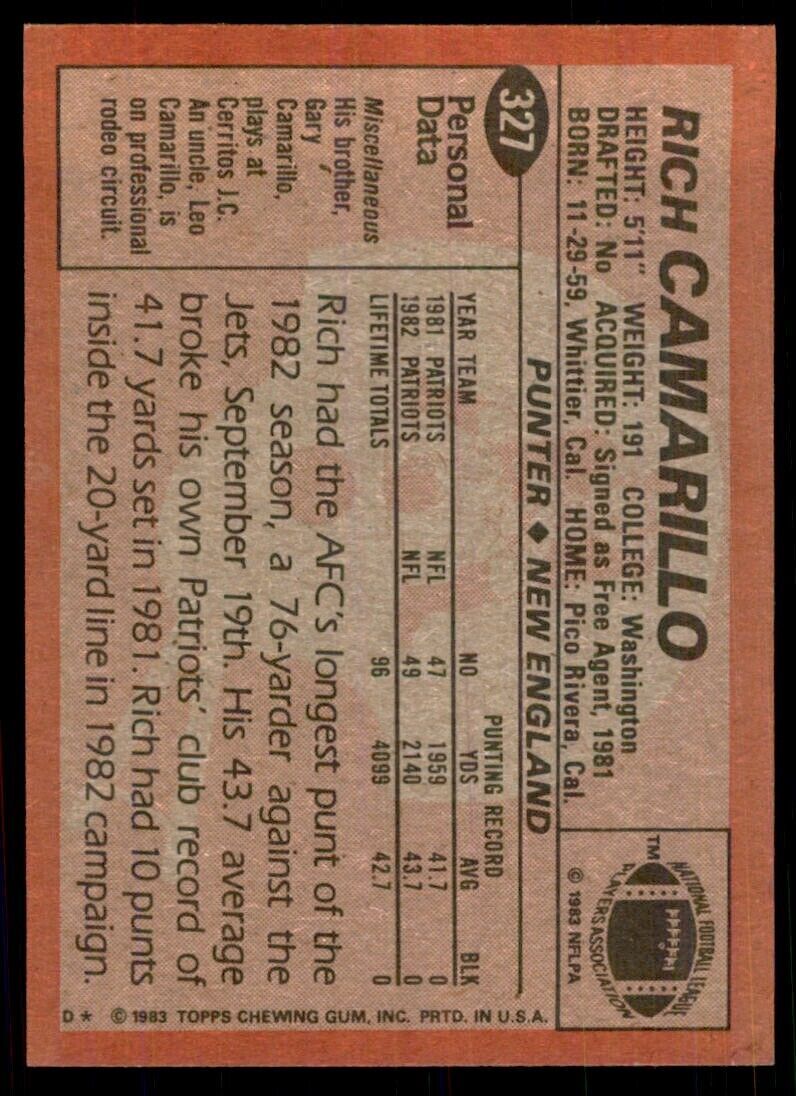 1983 TOPPS/ RICH CAMARILLO NEW ENGLAND PATRIOTS #327