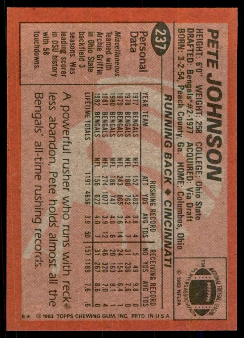 1983 TOPPS/ PETE JOHNSON. CINCINNATI BENGALS #237