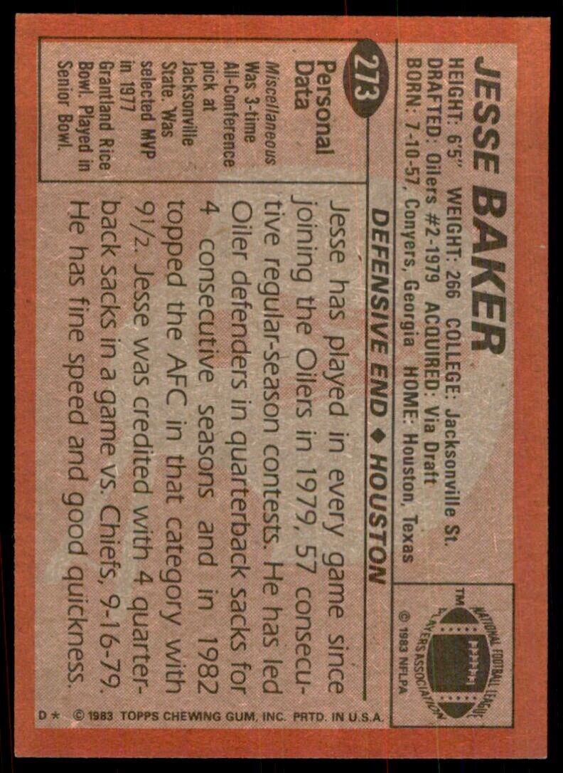 1983 TOPPS/ JESSE BAKER. HOUSTON OILERS #273