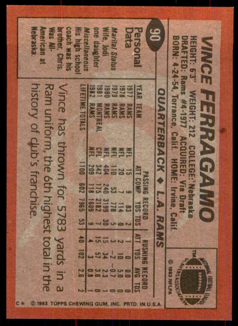 1983 TOPPS~ VINCE FERRAGAMO. LOS ANGELES RAMS #90