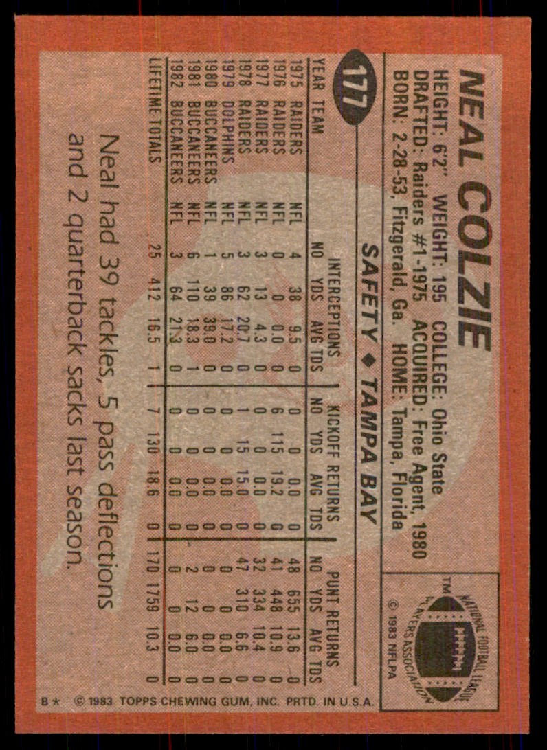 1983 TOPPS] NEAL COLZIE TAMPA BAY BUCCANEERS #177