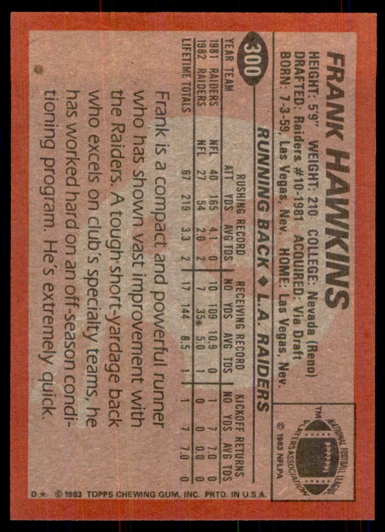 1983 TOPPS] FRANK HAWKINS LOS ANGELES RAIDERS #300