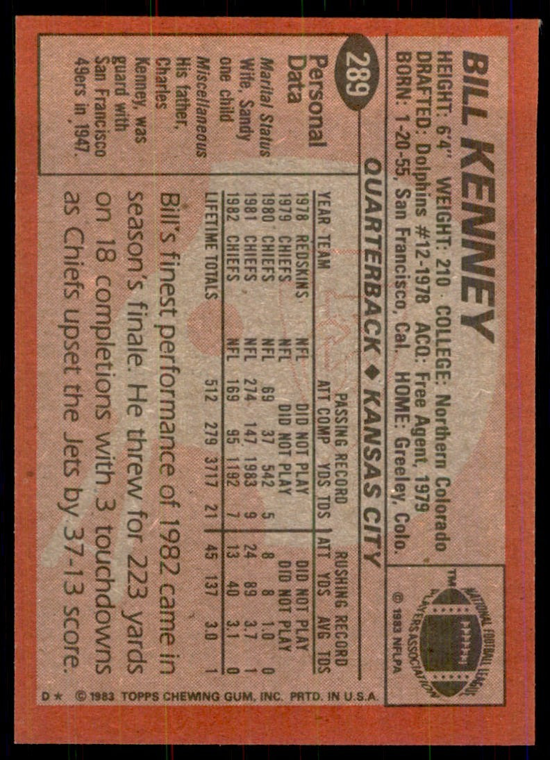 1983 TOPPS_ BILL KENNEY KANSAS CITY CHIEFS #289
