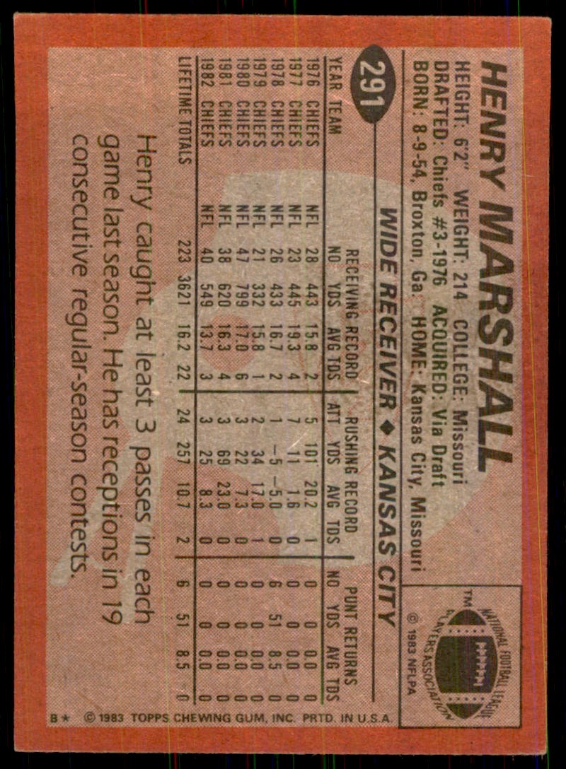 1983 TOPPS_ HENRY MARSHALL. KANSAS CITY CHIEFS #291