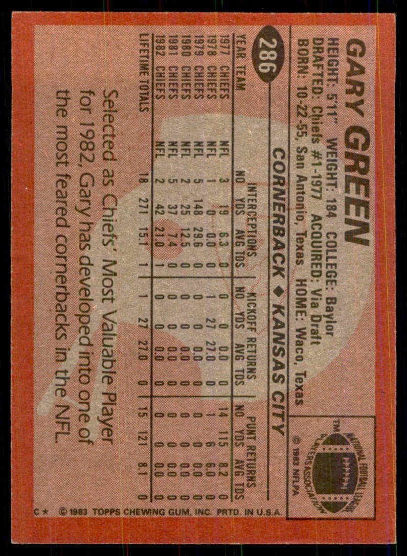 1983 TOPPS_ GARY GREEN. KANSAS CITY CHIEFS #286