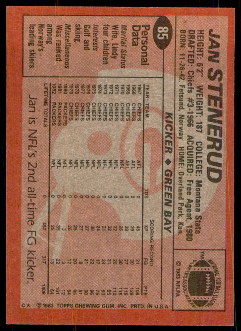 1983 TOPPS_ JAN STENERUD GREEN BAY PACKERS #85