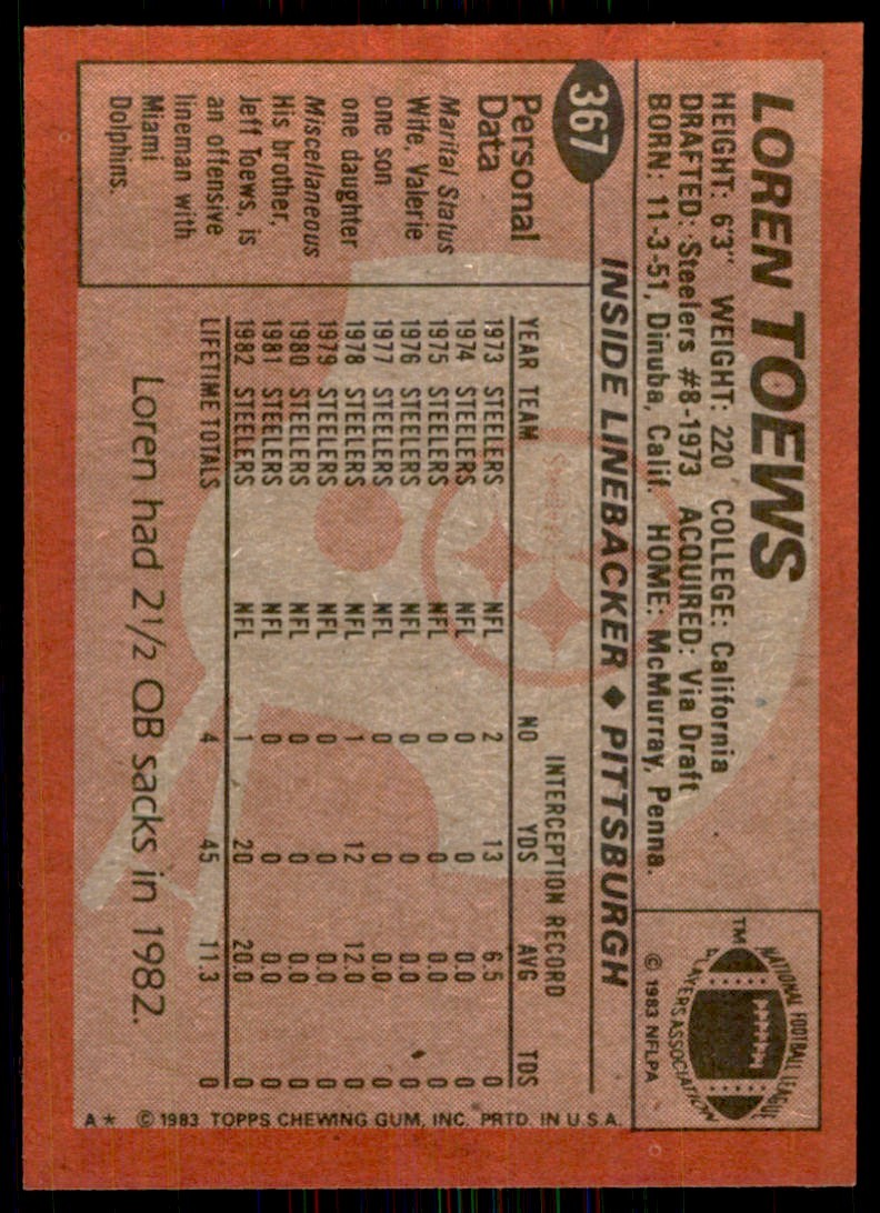 1983 TOPPS` LOREN TOEWS PITTSBURGH STEELERS #367