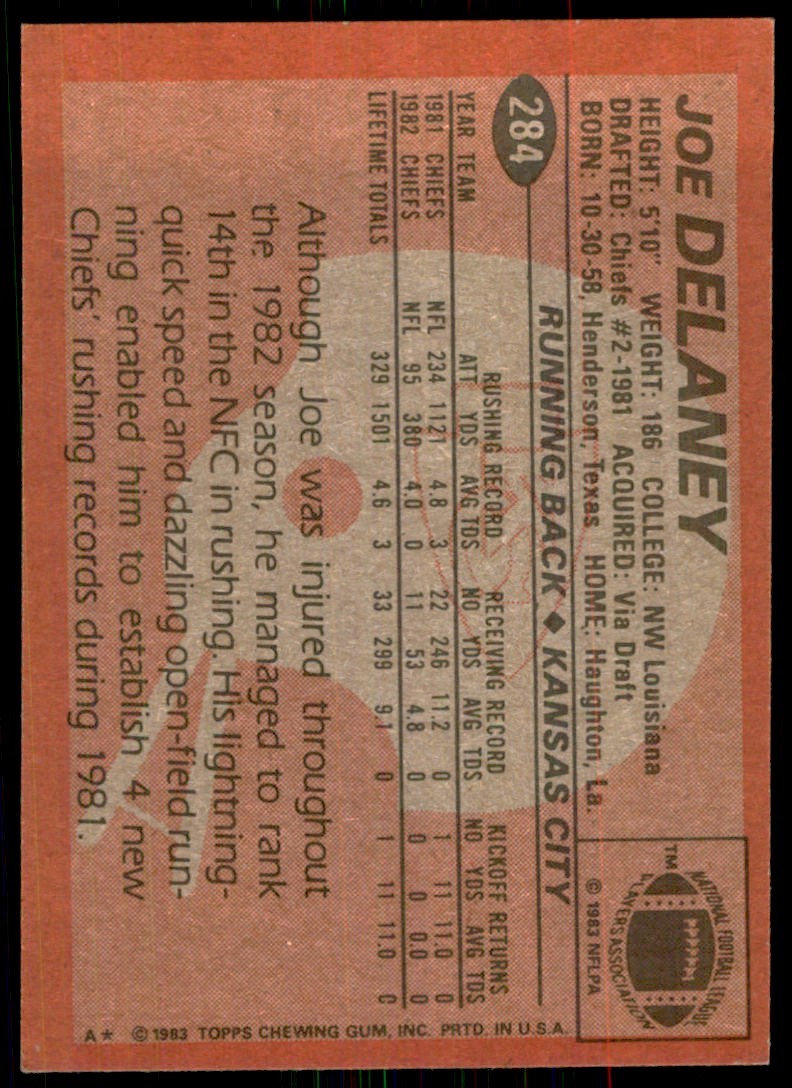 1983 TOPPS` JOE DELANEY. KANSAS CITY CHIEFS #284