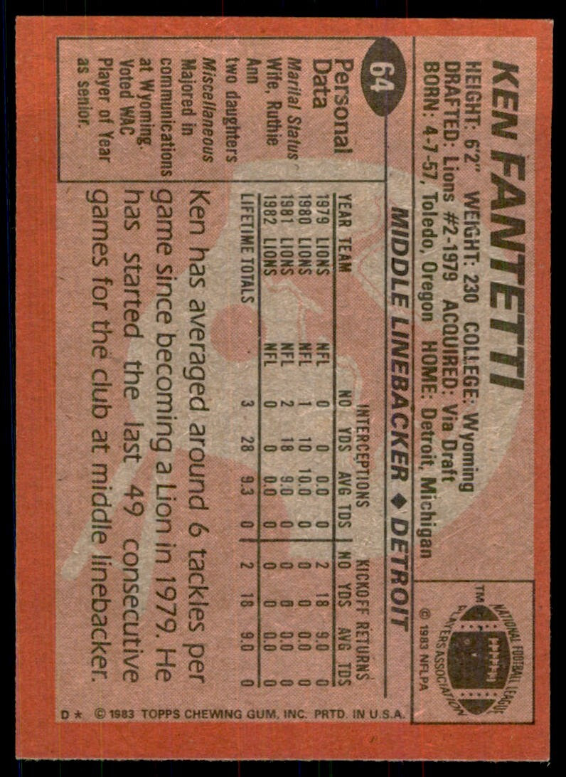 1983 TOPPS` KEN FANTETTI DETROIT LIONS #64