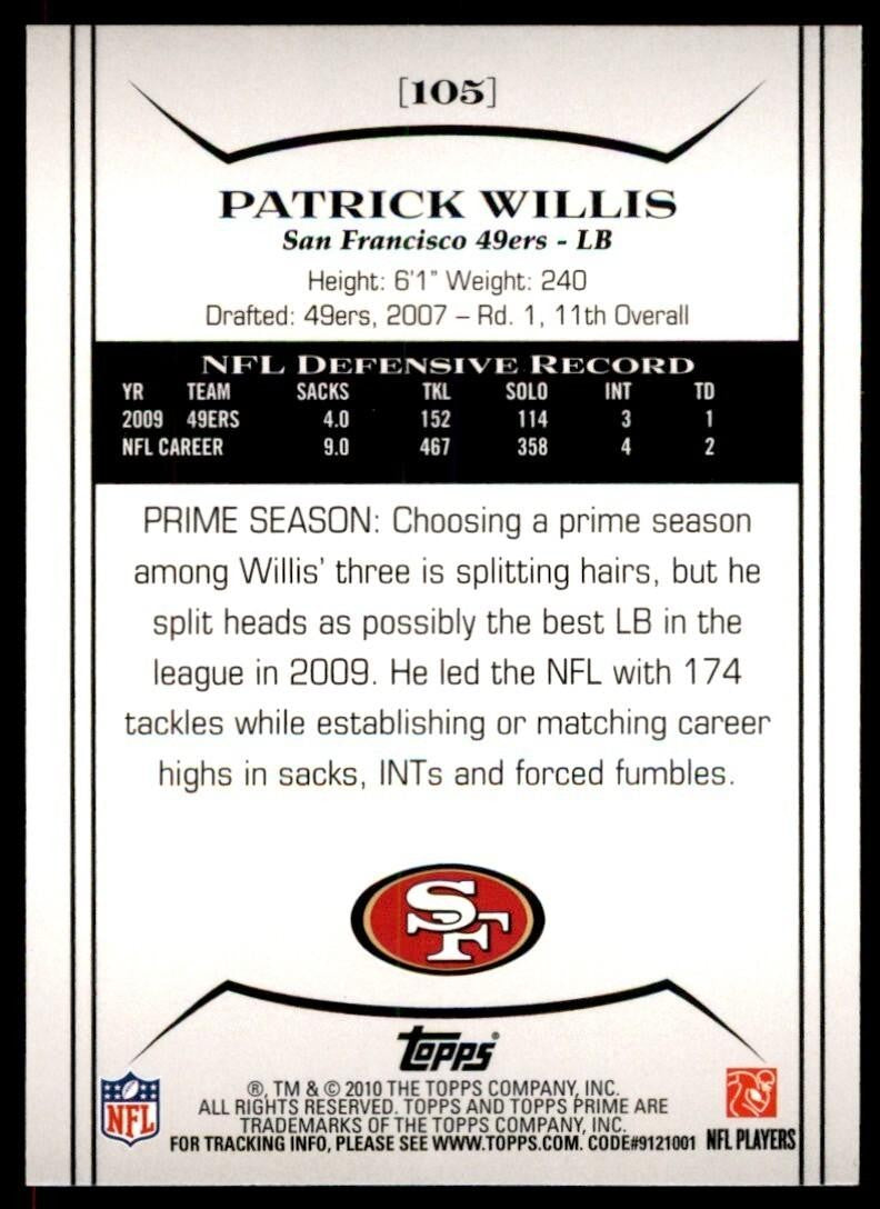 2010 Topps Prime Patrick Willis Football Cards #105