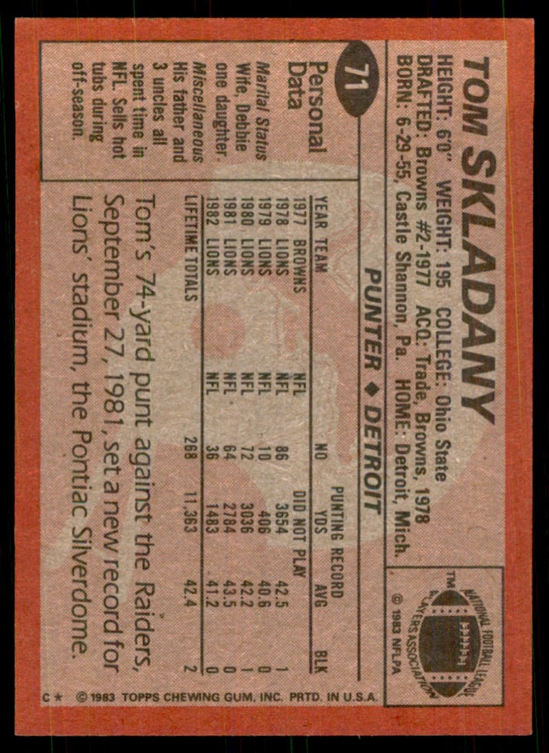 1983 TOPPS` TOM SKLADANY DETROIT LIONS #71