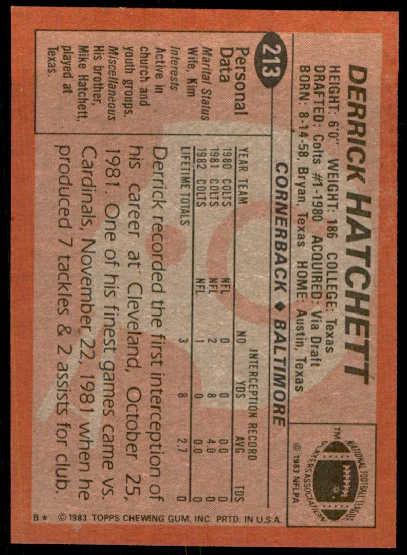 1983 TOPPS/ DERRICK HATCHETT BALTIMORE COLTS #213